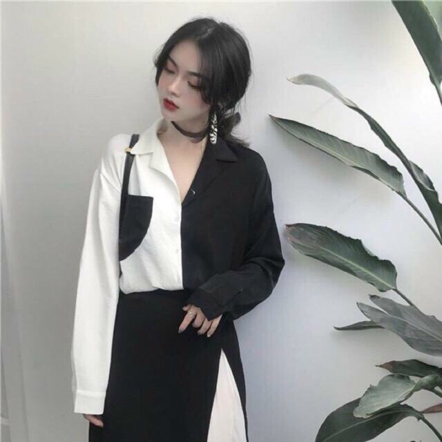 Áo Sơ Mi Nữ Form Rộng Phối 2 Màu Trắng Đen Cá Tính UN35