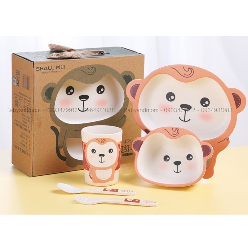 Set bát cốc thìa ăn dặm Shall hình khỉ 5 chi tiết 𝐁𝐞𝐞𝐡𝐨𝐮𝐬𝐞