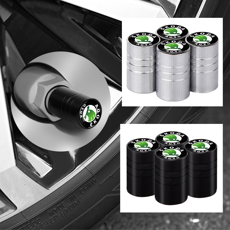 Set 4 Nắp Van Bánh Xe Ô Tô Bằng Nhôm Màu Đen / Bạc Cho Skoda Octavia Fabia Rapid Yeti Kodiaq