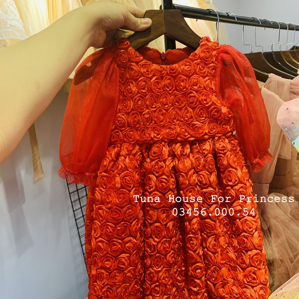 Váy đầm xoè công chúa hoa hồng đỏ mặc thôi nôi đầy tháng- Tuna House For Princess