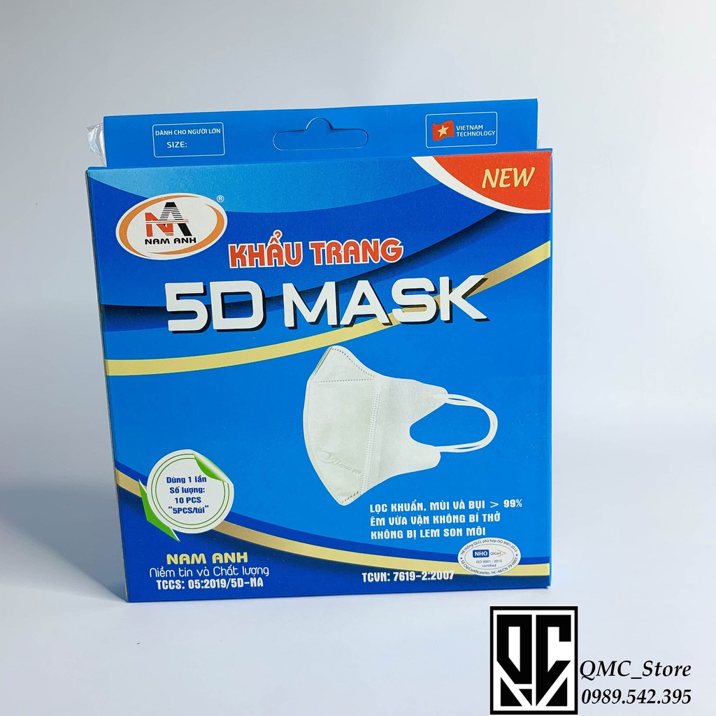 Khẩu trang 5D MASK NAM ANH, màu trắng, hộp 10 chiếc dày 3 lớp , quai thun# QMC