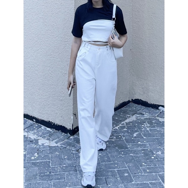 Quần jeans eo cài trắng ống suông cho nữ