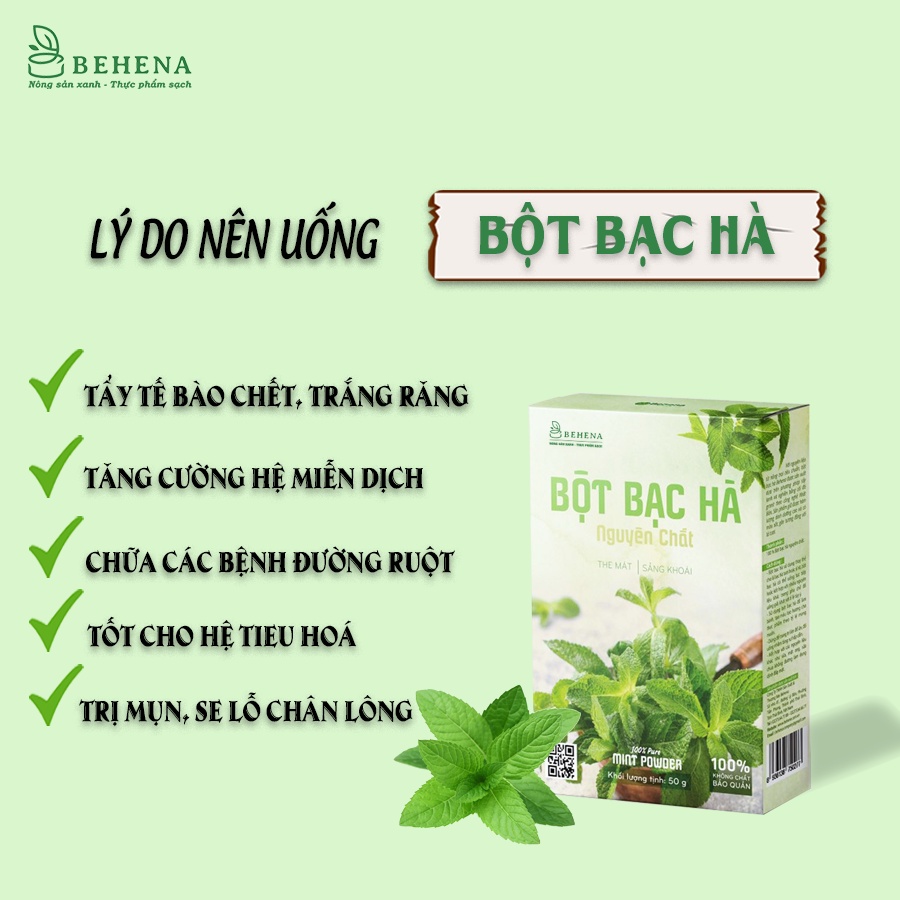 Bột Bạc Hà Behena 50g Hết Mụn Sáng Da, Giảm Khó Tiêu, Đầy Hơi, Phòng Cảm Lạnh