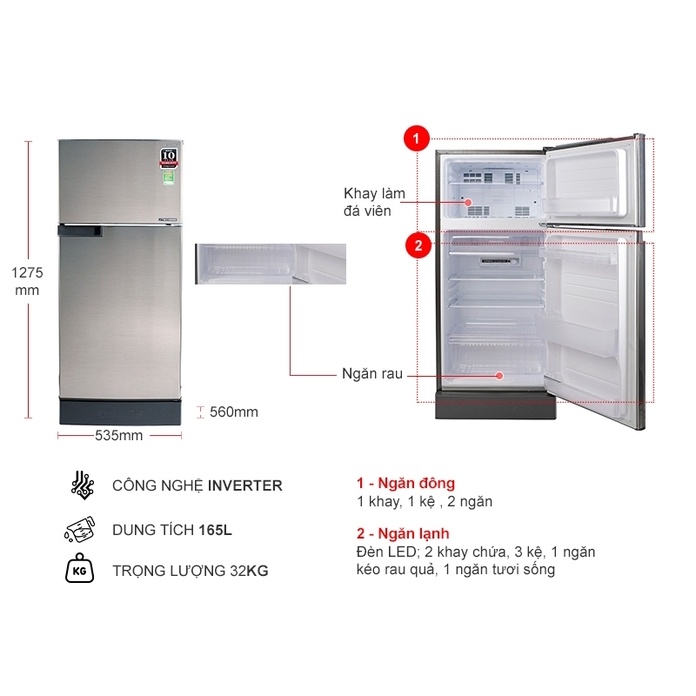 Tủ Lạnh Sharp SJ-X176E-SL 165 Lít - Mới 100%