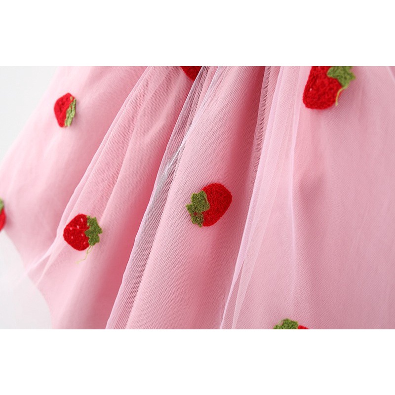 Váy bé gái cánh tiên thêu dâu và cherry dễ thương  từ 6 tháng đến 4 tuổi