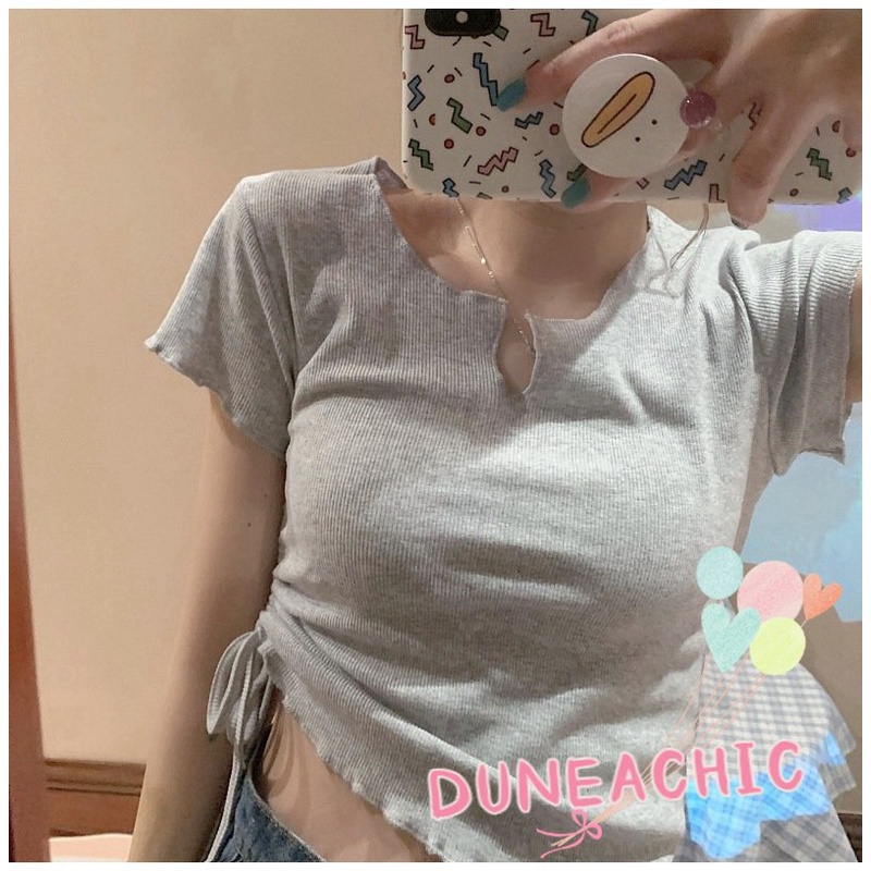 Áo Croptop Ngắn Tay Phối Dây Rút Thời Trang Dành Cho Nữ