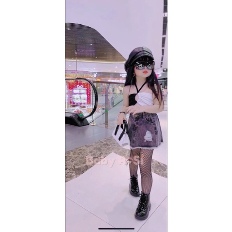 Sét áo 2 màu kèm chân váy jean rách cho bé gái