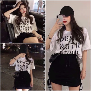 Set Chân Váy Dây Rút Ngắn Dài Mặc 2 Kiểu Mix Áo Phông Chữ Năng Động Cá Tính - Áo Thun Tay Lỡ + Chân Váy Body Buộc Nơ