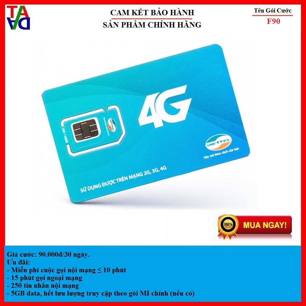 Sim 4G Viettel F90 Miễn phí nghe gọi nội mạng tặng 5GB/Tháng