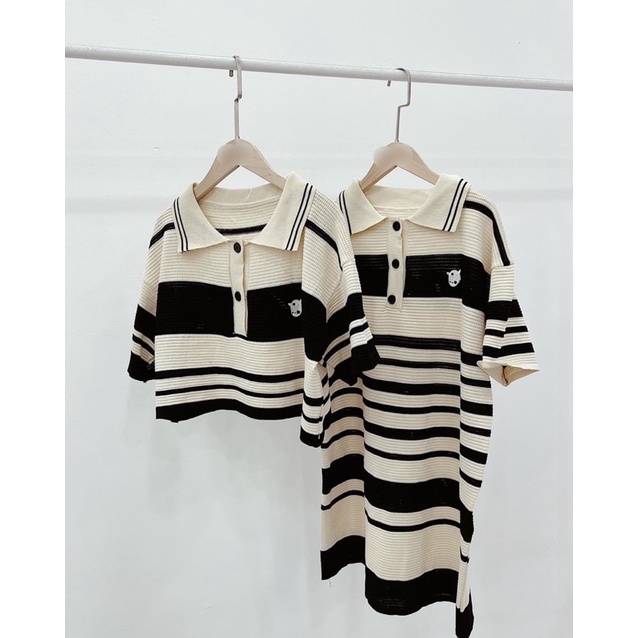 Set váy áo len polo kẻ thêu hình - len mongtoghi