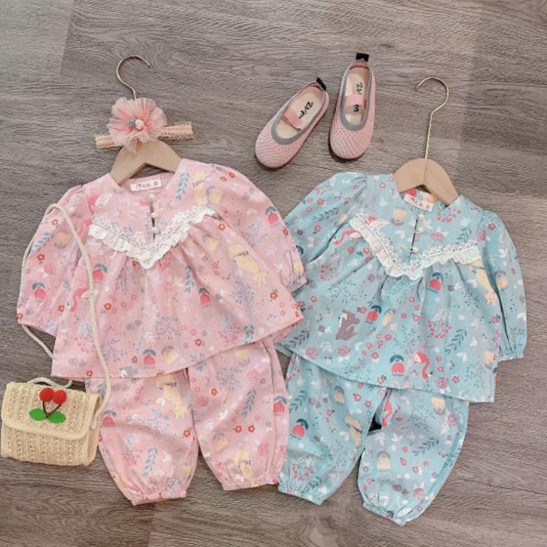 BỘ THÔ ĐÁP REN HÌNH HOA QUẢ 2 MÀU HỒNG/ XANH DÀNH CHO BÉ GÁI