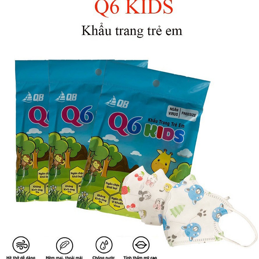 Khẩu trang 6D trẻ em Q6 Kids, túi 10 cái, khẩu trang cho bé 1-5 tuổi, thiết kế ôm kín khuôn mặt bé, nhiều màu đáng yêu
