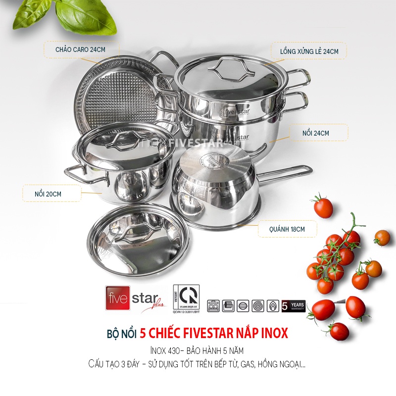 Bộ 5 Nồi Xửng Quánh Chảo 3 Đáy Inox 430 Fivestar Vung Inox ✅ Dùng được bếp từ, Bảo Hành 5 Năm