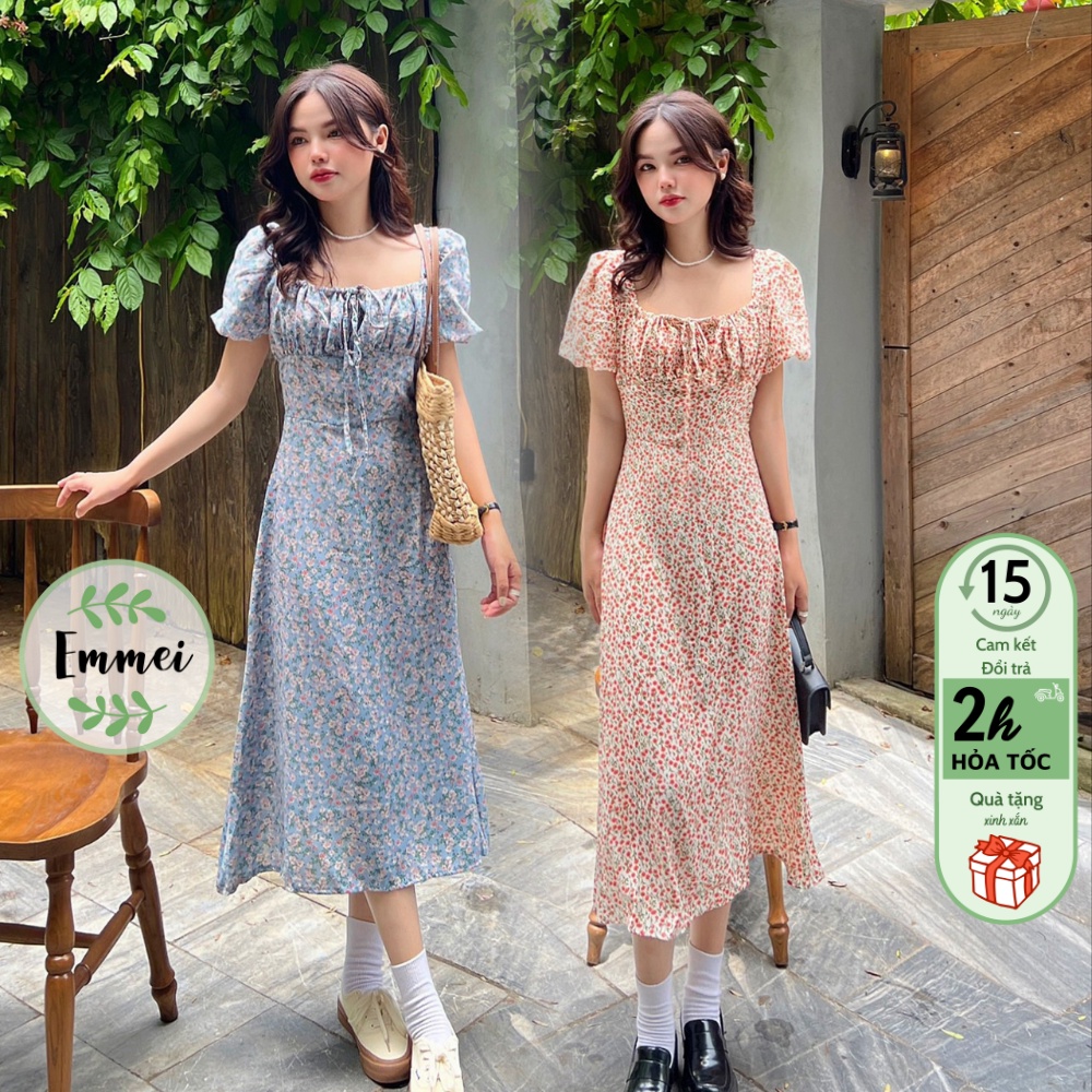 Đầm hoa nhí dáng dài 2 lớp tay phồng thắt nơ ngực tiểu thư vintage Emmei - v154
