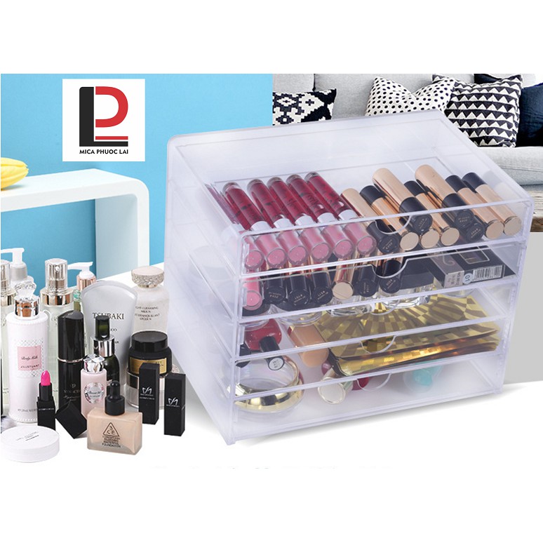 Hộp mica trưng bày mỹ phẩm cao cấp/ Hộp 5 ngăn kéo chống bụi