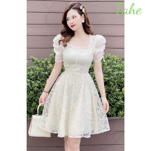 Váy dự tiệc cưới thiết kế cao cấp dáng xòe vải ren siêu sang  đi làm dạo phố tôn dáng trẻ trung loại 1 Tahe V91