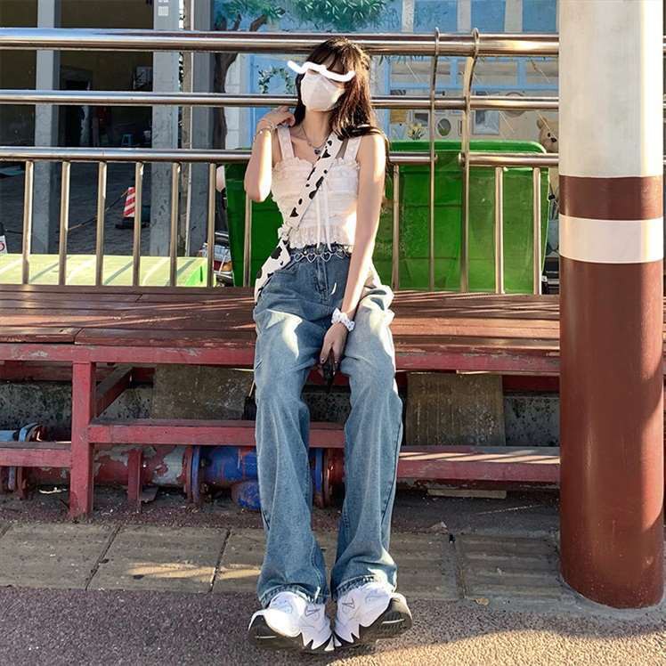💖RIOME Tủ quần áo💖Quần Jean Dài Ống Rộng Lưng Cao Phong Cách Retro Cá Tính Cho Nữ