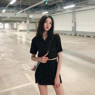 Áo Croptop Thun Cổ Sơ mi Đen Trơn
