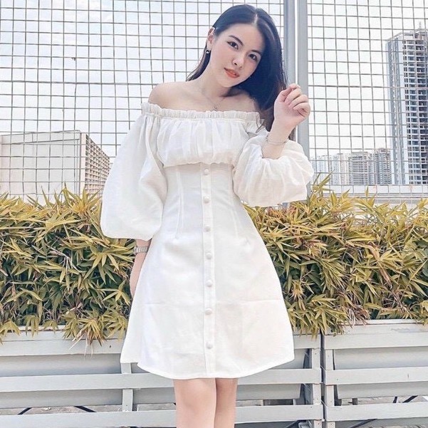 Váy trắng trễ vai triết eo tay bồng tiểu thư xinh xắn / Đầm trắng tiểu thư Hàn quốc