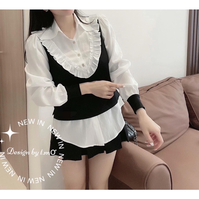 Set áo gile len tăm phối bèo mix quần sooc đùi giả váy