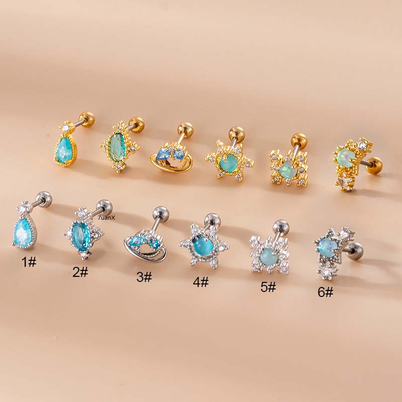 1 Đôi Bông Tai Thép Không Gỉ Đính Đá Zircon Xanh 20Gauge