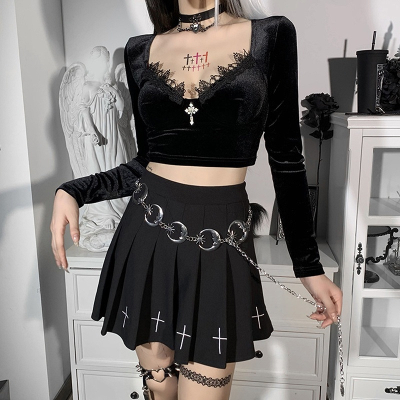 Áo thun croptop tay dài cổ chữ V khoét sâu bằng vải nhung phối ren phong cách gothic Harajuku quyến rũ cho nữ 10MK