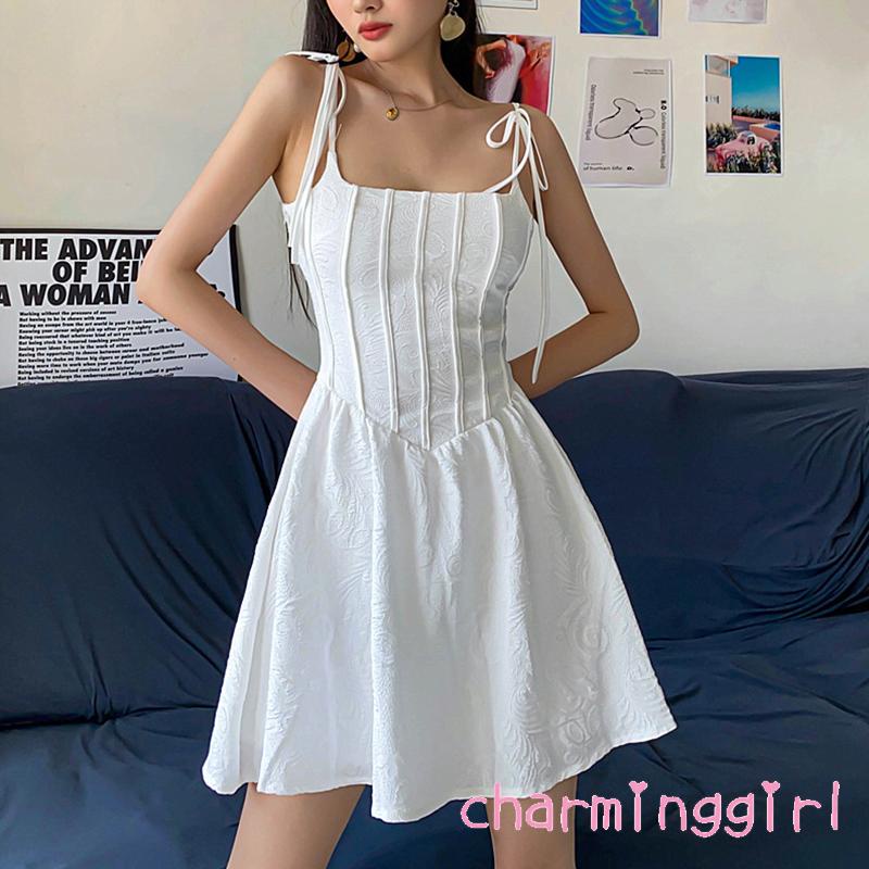 Đầm Chữ A Hai Dây Màu Trơn Eo Cao Đính Nơ Họa Tiết Kẻ Sọc Cho Nữ