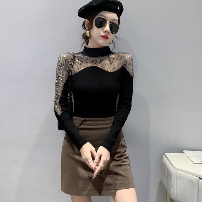 Áo thun dài tay dài tay chữ rỗng cổ cao thời trang mới chữ thời trang áo lưới dài tay Áo thun dài tay nữ
