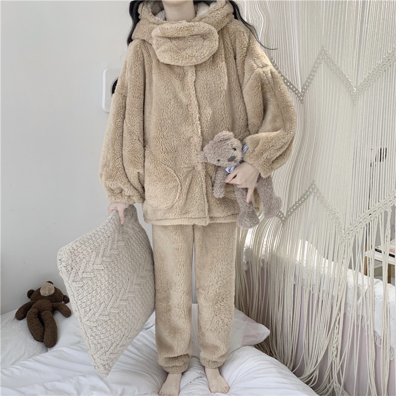 Bộ đồ ngủ mùa đông lông cừu giữ nhiệt tốt, nhung bông mềm mịn cho nữ siêu ấm, bộ mặc nhà nữ dày dặn có vòng cổ -THÔNGTHU | BigBuy360 - bigbuy360.vn