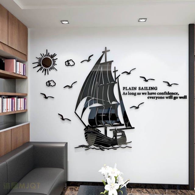 Tranh dán tường mica 3D - thuyền, tranh trang trí phòng khách, phòng ngủ, spa, nail, cafe