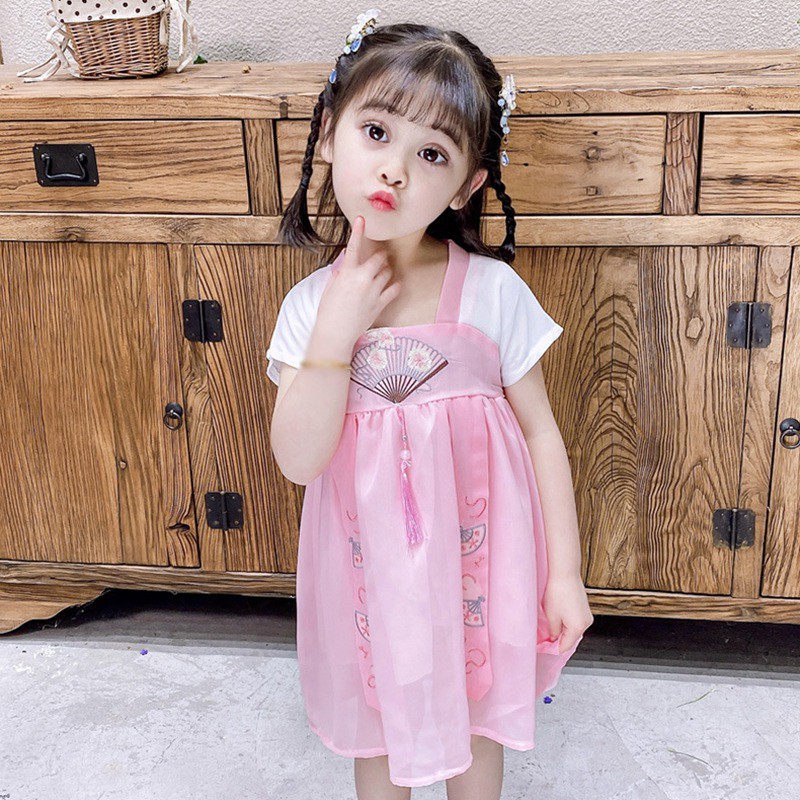 Đầm thêu hình thỏ dễ thương phong cách Hán phục thời trang mùa hè cho bé gái