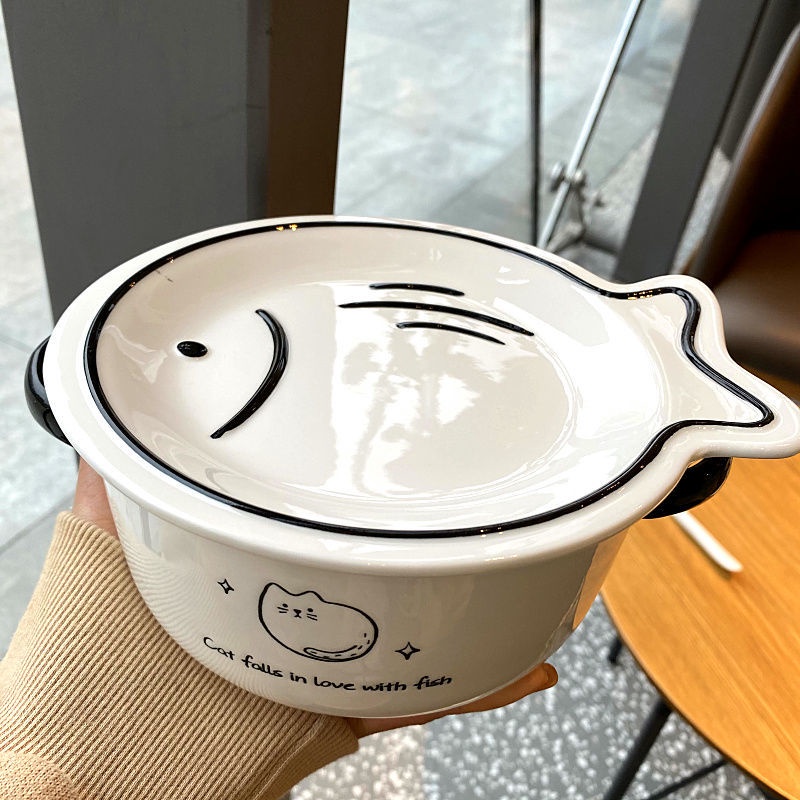 Bát Ăn Mì/Súp Bằng Sứ Cỡ Lớn Có Nắp Đậy Màu Cầu Vồng Dành Cho Học Sinh Kí Túc Xá 6.9