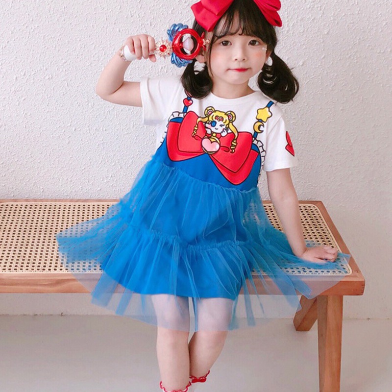 Đầm Công Chúa Tay Ngắn Cổ Tròn Thiết Kế Phong Cách Hàn Quốc Cho Bé Gái 1-7 Tuổi