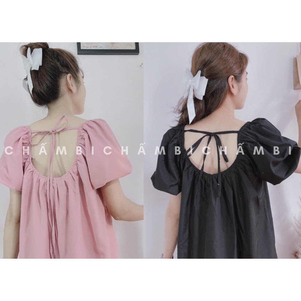 Váy kiểu Hàn Quốc V.083, Váy babydoll dáng ngắn cổ vuông tay bồng buộc nơ lưng hai màu đen hồng | BigBuy360 - bigbuy360.vn