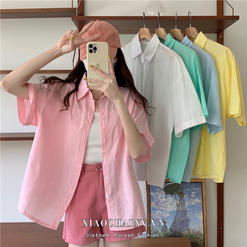 Xiaozhainv Áo Sơ Mi Tay Ngắn Dáng Rộng Kiểu Hàn Quốc 5 Màu Dễ Thương Cho Nữ