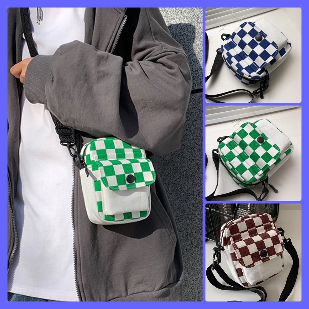 Túi đeo chéo dáng vuông năng động túi canvas caro nhiều màu phong cách Hàn Quốc trẻ trung