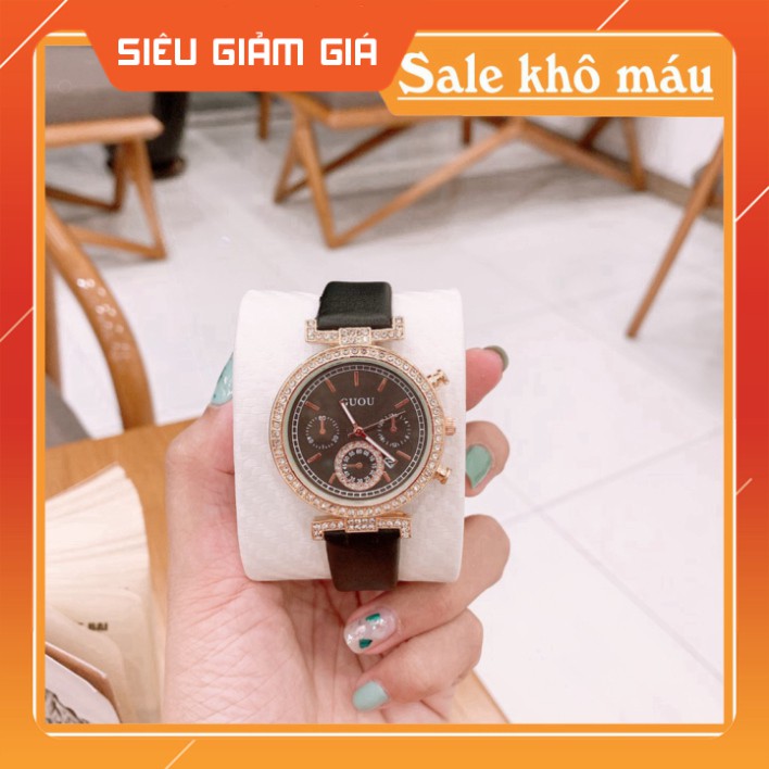 Đồng hồ nữ GUOU mặt đính đá sang trọng dây da mềm mại cực đẹp - Tặng kèm hộp và Pin