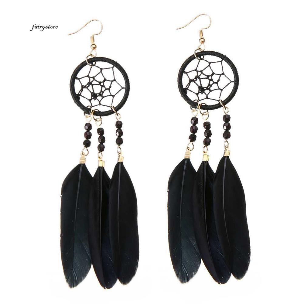 Bông tai lông vũ hình dreamcatcher thời trang Bohemian