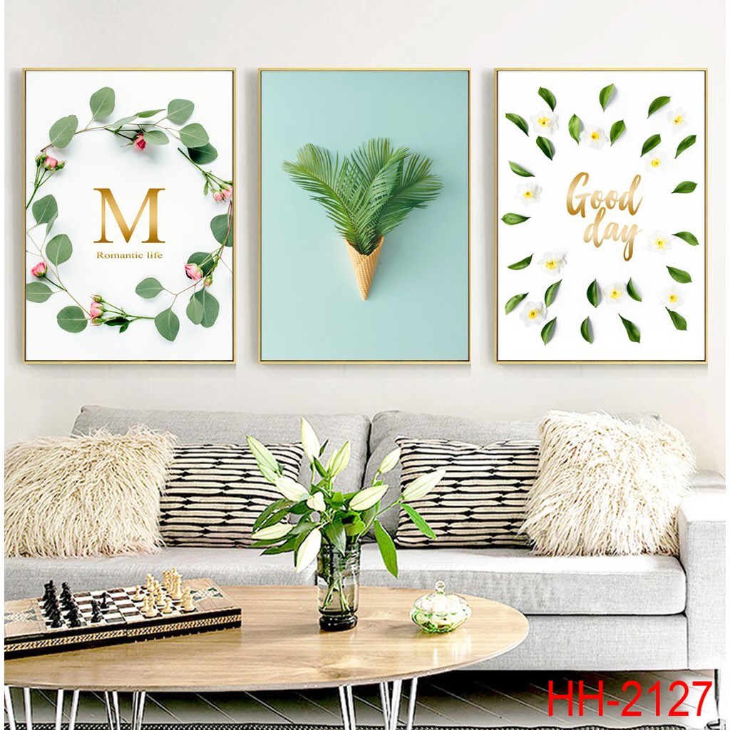 Bộ 3 Tranh Treo Tường 3 Lá Xanh - Tranh canvas treo tường giá rẻ - Tặng kèm đinh 3 chân không cần khoan tường