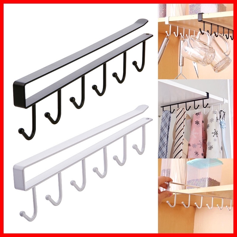 Thanh móc treo đồ gắn tủ bếp, kệ nhà bếp 6 móc bằng sắt tiện lợi - Móc treo ly chén, đồ dùng nhà bếp gắn tủ kệ đa năng