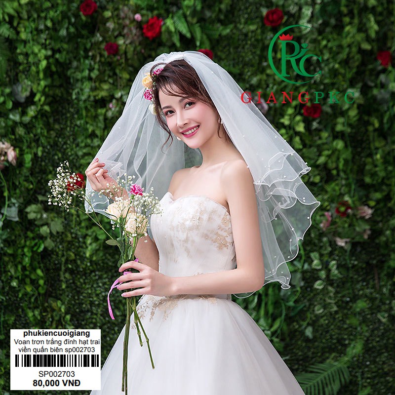 ►☄∋Voan trơn cài tóc cô dâu trắng đính hạt trai viền quấn biên sp002703 có sẵn lược