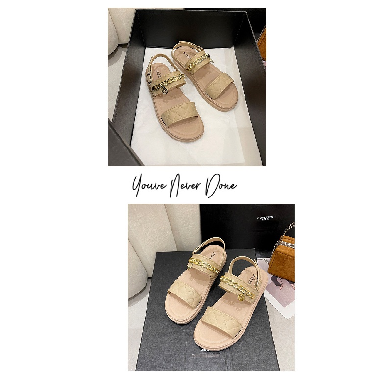 Giày Sandal Đế Bằng Phối Dây Xích Thời Trang Xuân Hè Xinh Xắn Cho Nữ