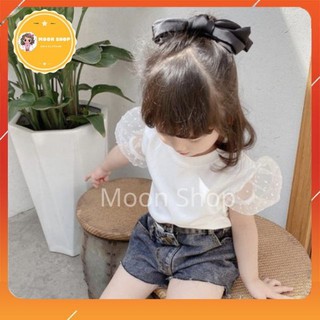 [Hàng mới về] Bộ Áo Phông Quần Jean Cho Bé Gái, Áo Thun Tay Ren Phối Quần Sóc Đùi Cotton Co Giãn 4 Chiều Size Từ 8-20kg
