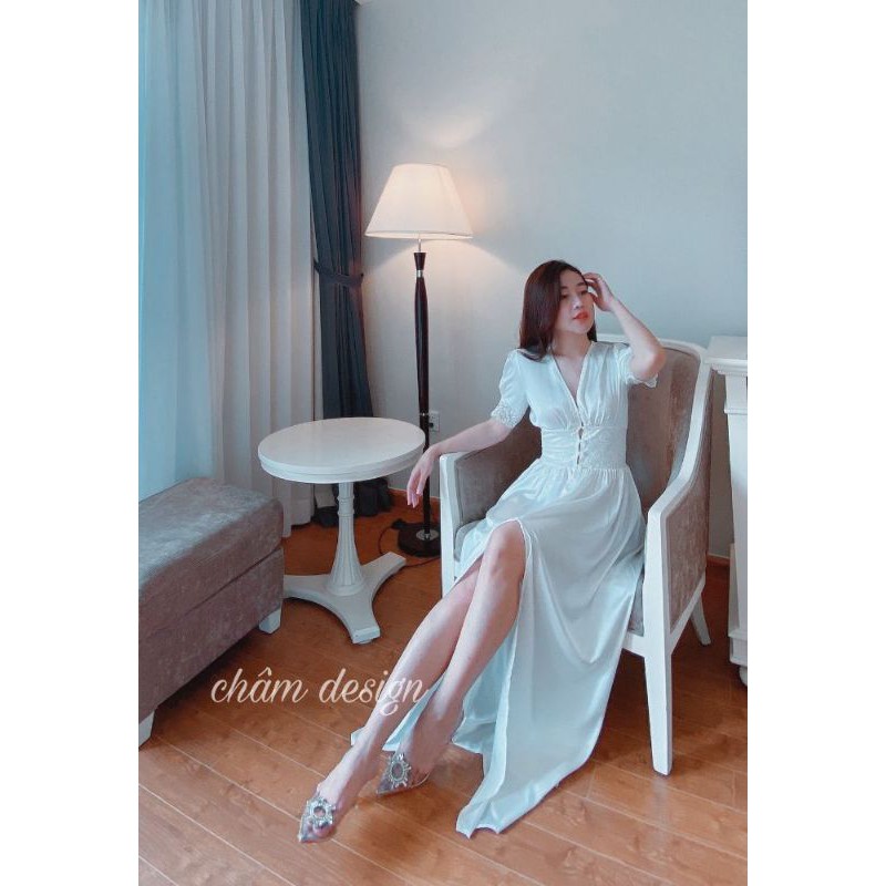 váy ngủ lụa dài cài khuy trai hàng thiết kế cao cấp độc quyền