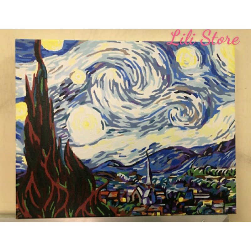 [SẴN] Tranh sơn dầu số hóa DIY khổ 40x50cm đã căng khung- Tranh &quot;The Starry Night&quot; Van Gogh