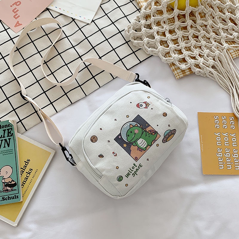 Túi đeo chéo canvas dáng vuông in họa tiết dễ thương thời trang cho nữ
