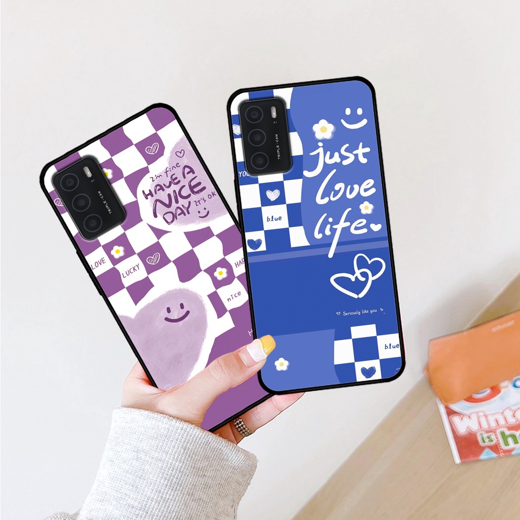 Ốp lưng Oppo A16 in hình họa tiết caro trái tim, mặt cười đơn giản, cá tính