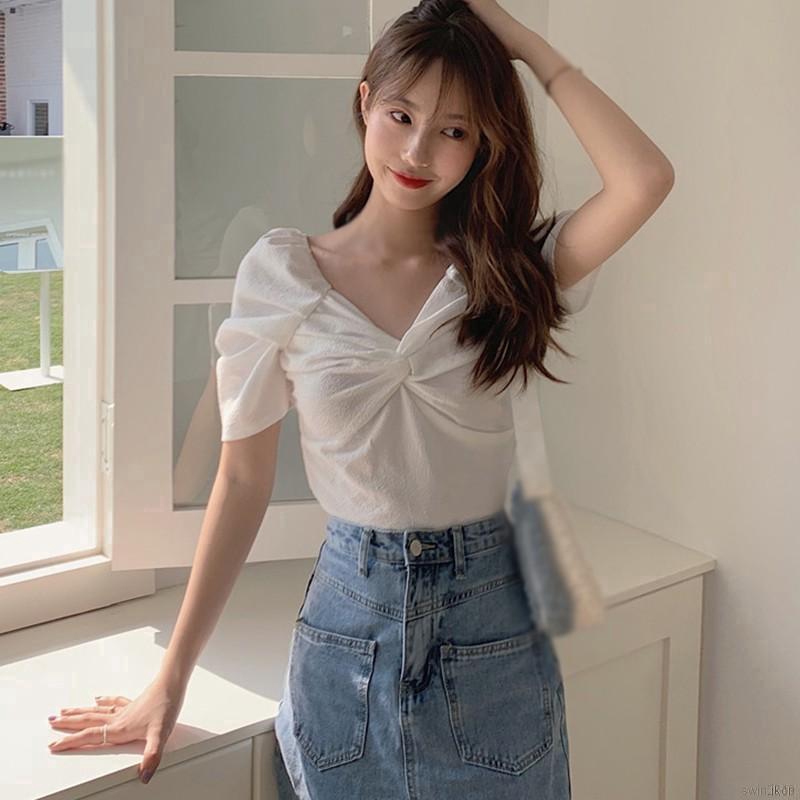 Áo Croptop Tay Ngắn Cổ Chữ V Màu Trơn Thiết Kế Quyến Rũ