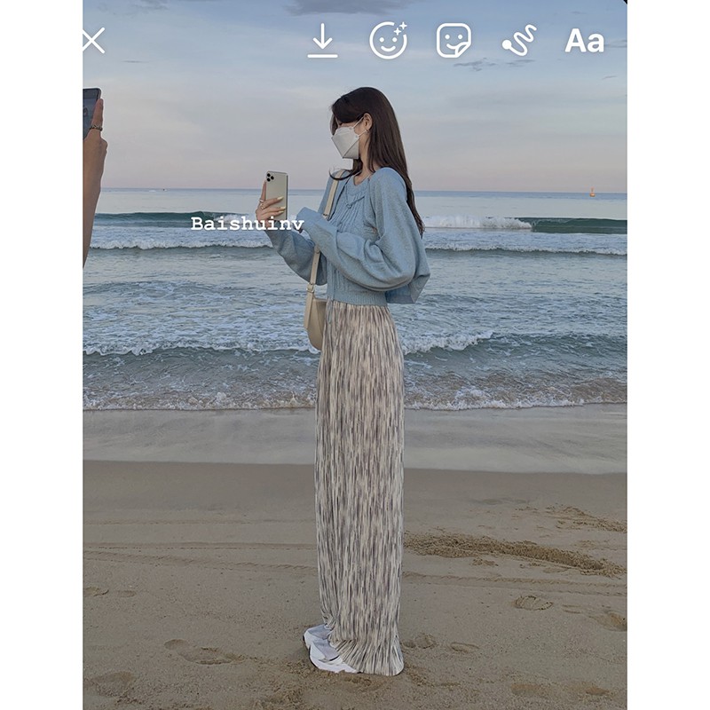 Set áo khoác cardigan dệt kim tay dài màu xanh nhạt chống nắng