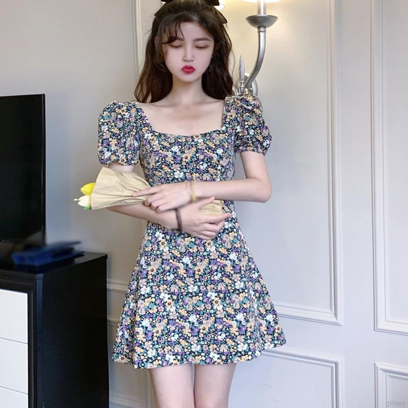 Đầm Tay Phồng Cổ Vuông Họa Tiết Hoa Phong Cách Retro Hàn Quốc